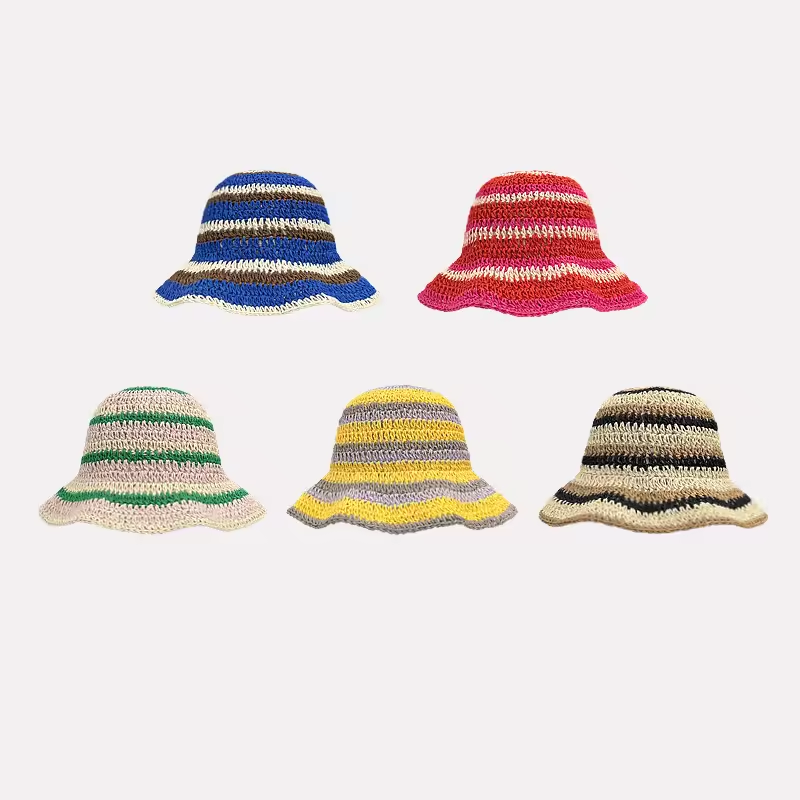Bucket Hat Straw - 새로운 줄무늬 니트 밀짚 크로 셰